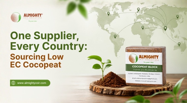 Almighty Coir low EC cocopeat block with plant sapling and export map