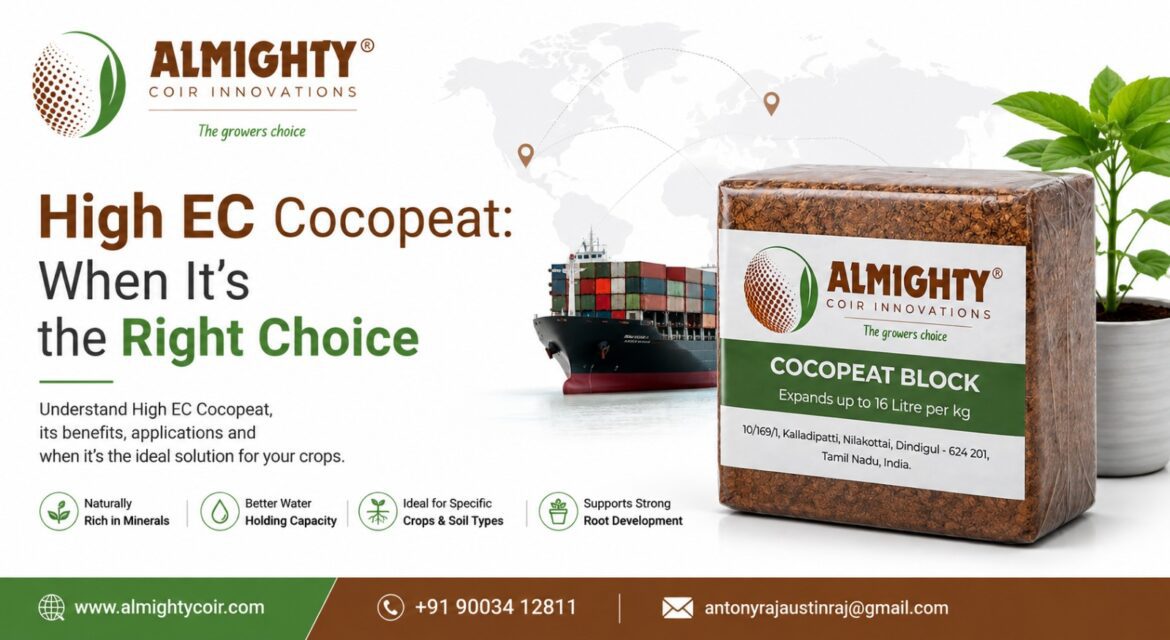 High EC Cocopeat block for specific crops with mineral-rich growing media and export-focused agricultural applications