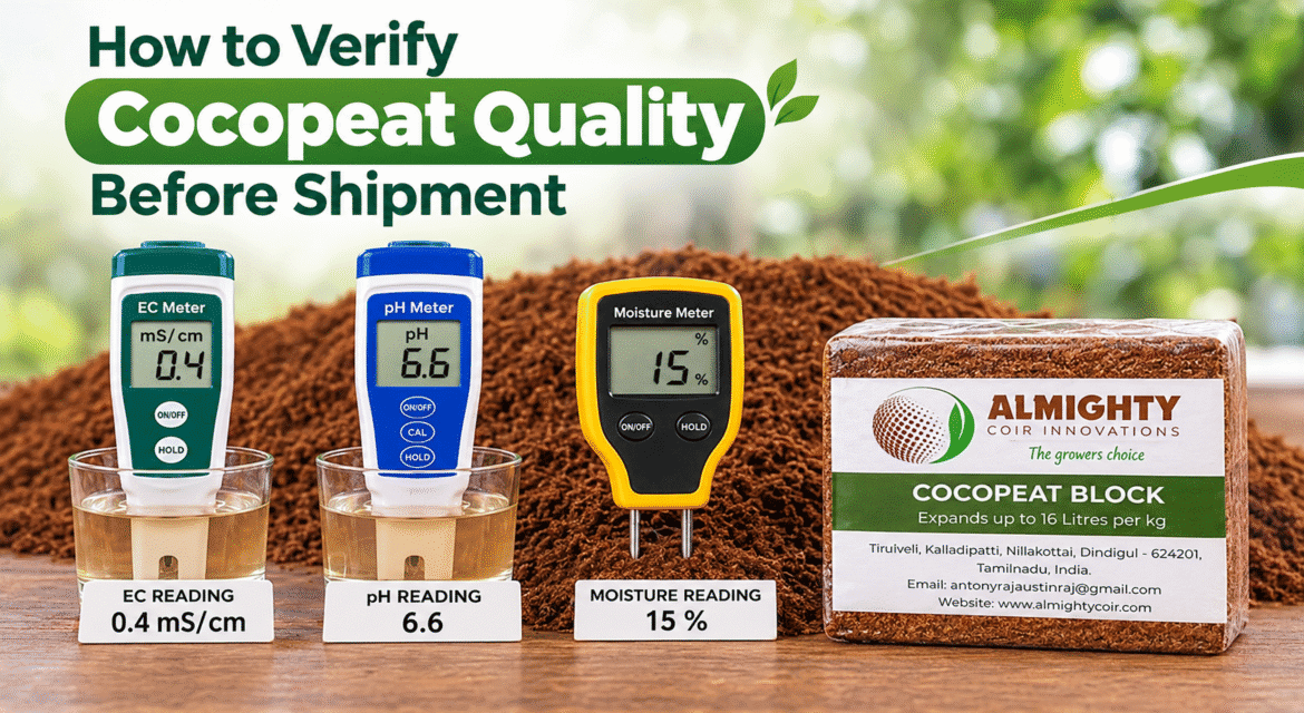 Cocopeat quality verification before shipment using EC, pH and moisture meters alongside an Almighty Coir cocopeat block.